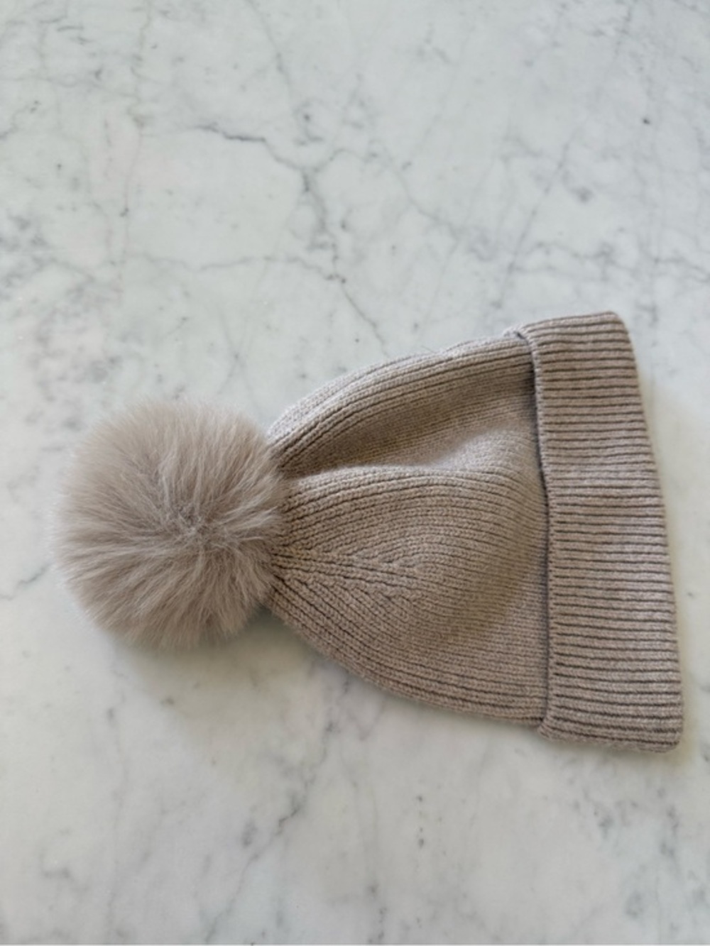 Zara Girls Beige Ribbed Knit Pom Pom Beanie 10-14Y
